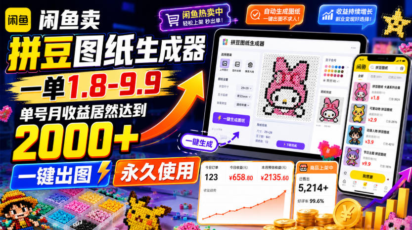 闲鱼卖拼豆图纸生成器，一单1.8-9.9，单号月收益居然达到2000+一键出图永久使用|副业联盟
