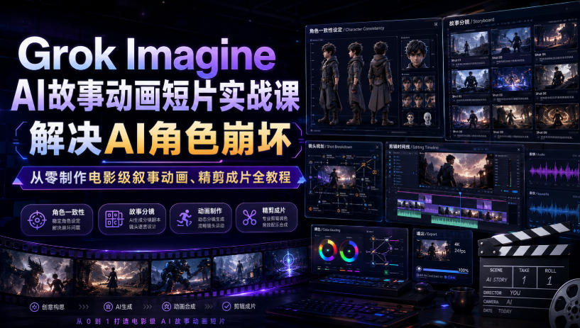Grok Imagine AI故事动画短片实战课|解决AI角色崩坏,从零制作电影级叙事动画、精剪成片全教程(中英字幕)|副业联盟