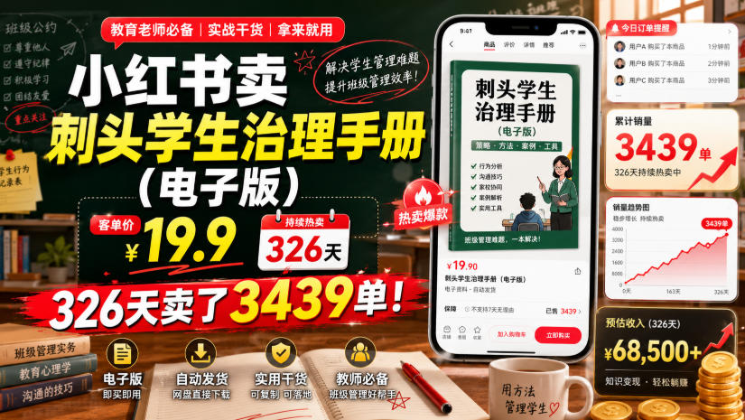 小红书卖刺头学生治理手册(电子版),客单价19.9,326天卖了3439单!|副业联盟