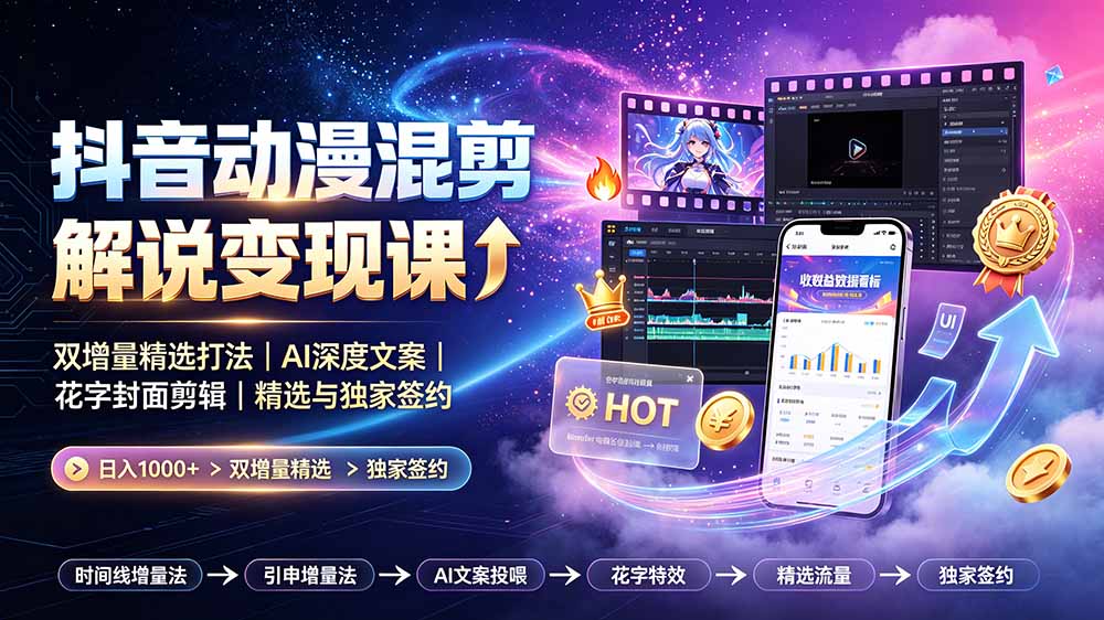抖音动漫混剪解说变现课:双增量精选打法|AI深度文案|花字封面剪辑| 精选与独家签约日入1000+|副业联盟