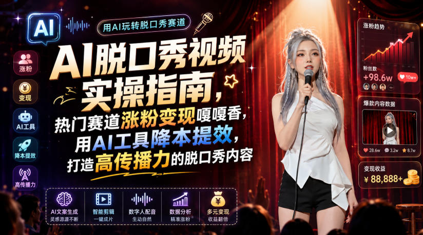 AI脱口秀视频实操指南,热门赛道涨粉变现嘎嘎香,用AI工具降本提效,打造高传播力的脱口秀内容|副业联盟