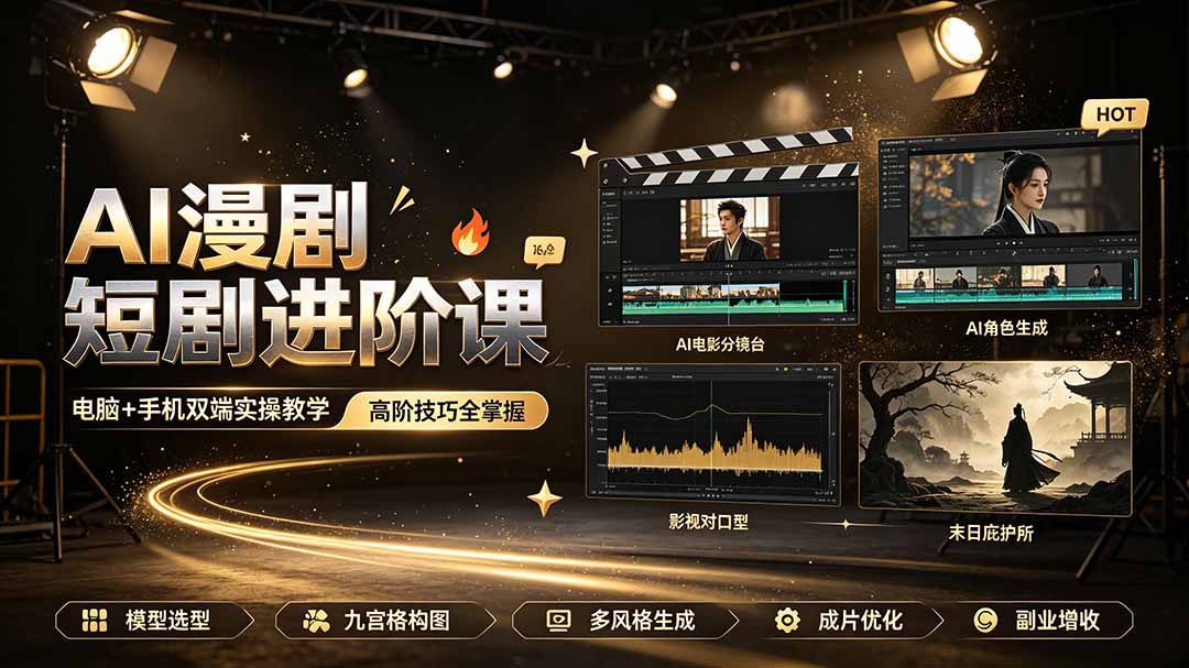AI漫剧短剧进阶课|电脑+手机双端实操教学|影视剧对口型人物吃瓜×解压末日庇护所全程讲解,高阶技巧全掌握|副业联盟