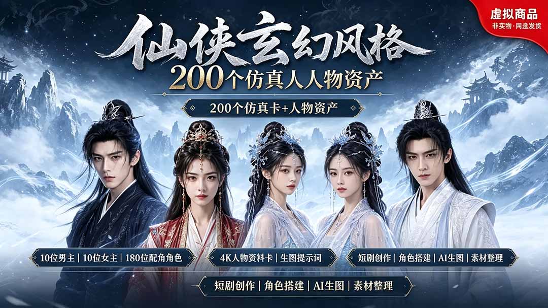 200个仙侠玄幻仿真人素材◆10男主×10女主×180配角,4K资料卡+AI生图提示词,漫剧必备|副业联盟