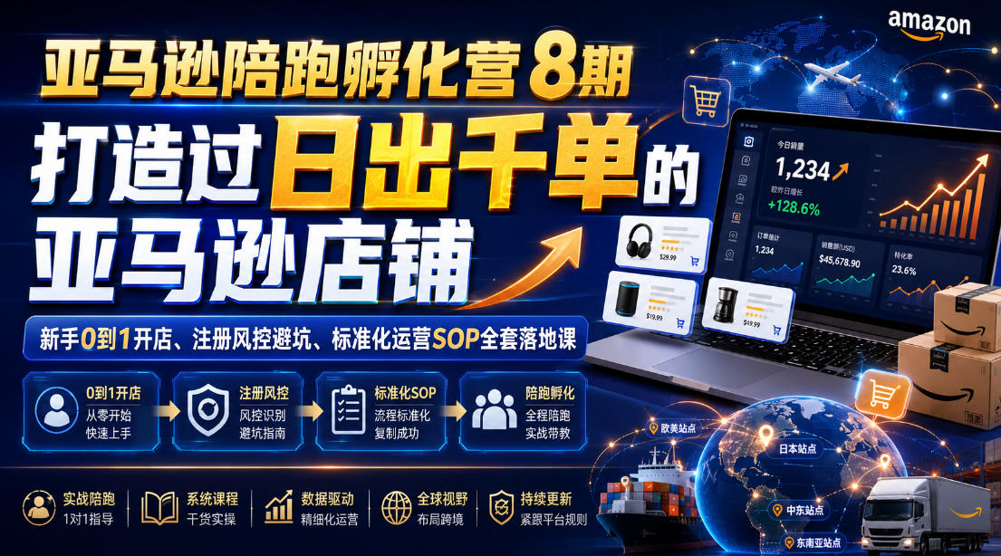 亚马逊陪跑孵化营8期，打造过日出千单的亚马逊店铺，新手0到1开店、注册风控避坑、标准化运营SOP全套落地课|副业联盟