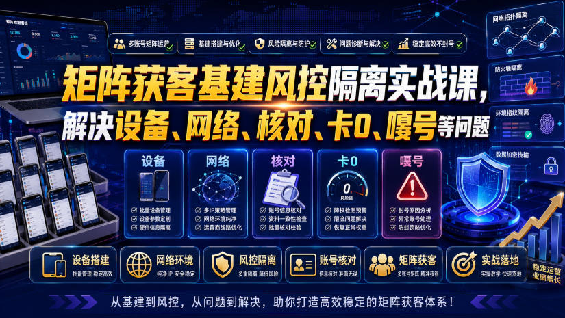 矩阵获客基建风控隔离实战课,解决设备、网络、核对、卡0、嘎号等问题|副业联盟