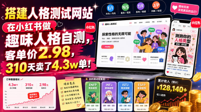 搭建人格测试网站在小红书做趣味人格自测,客单价2.98,310天卖了4.3w单!|副业联盟