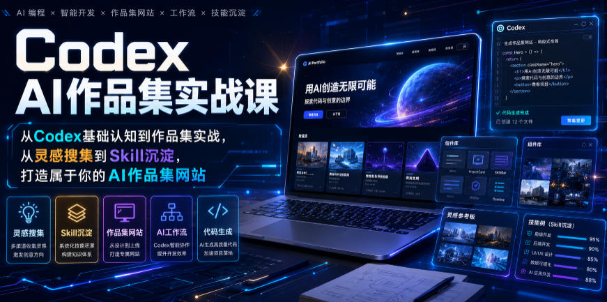 Codex AI作品集实战课,从Codex基础认知到作品集实战,从灵感搜集到Skill沉淀,打造属于你的AI作品集网站|副业联盟