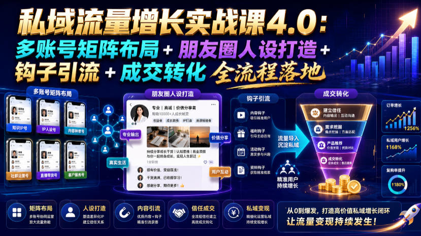 私域流量增长实战课4.0:多账号矩阵布局+朋友圈人设打造+钩子引流+成交转化全流程落地|副业联盟
