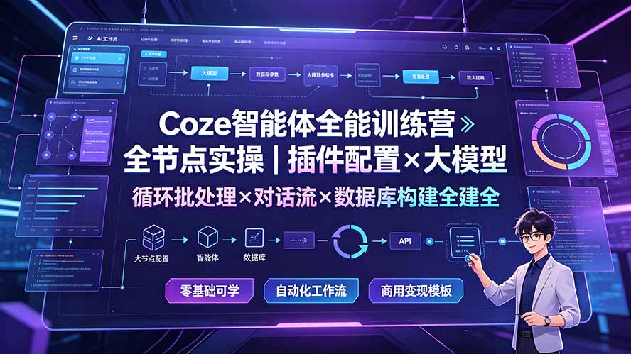 Coze智能体全能训练营:全节点实操|插件配置×大模型×循环批处理×对话流×数据库构建全教学|副业联盟