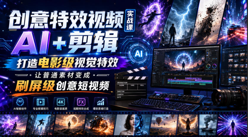 创意特效视频实战课,AI+剪辑打造电影级视觉特效,让普通素材变成刷屏级创意短视频|副业联盟