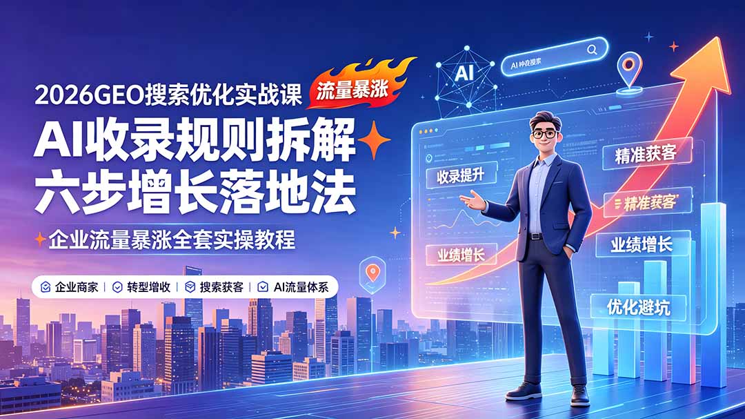 2026GEO搜索优化实战课:AI收录规则拆解|六步增长落地法|企业流量暴涨全套实操教程|副业联盟