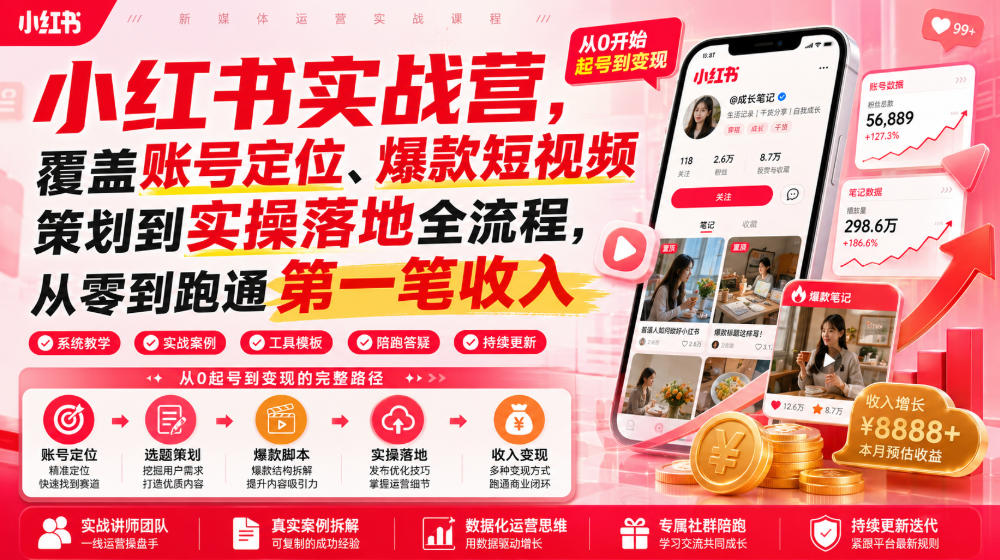 小红书实战营,覆盖账号定位、爆款短视频策划到实操落地全流程,从零到跑通第一笔收入|副业联盟