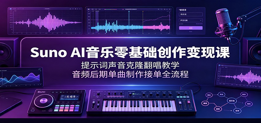 Suno AI音乐零基础创作变现课:提示词声音克隆翻唱教学,音频后期单曲制作接单全流程|副业联盟
