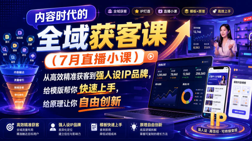内容时代的全域获客课(7月直播小课),从高效精准获客到强人设IP品牌,给模版帮你快速上手,给原理让你自由创新|副业联盟