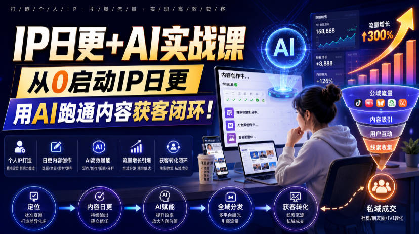 IP日更+AI实战课，从0启动IP日更，IP置顶视频制作+100条选题库搭建+10条日更规划，用AI跑通内容获客闭环!|副业联盟