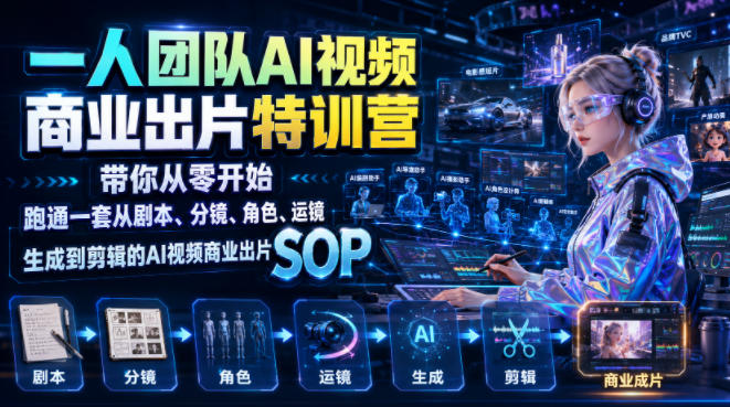 一人团队AI视频商业出片实战课：带你从零开始跑通一套从剧本、分镜、角色、运镜、生成到剪辑的AI视频商业出片SOP - 副业联盟|副业联盟