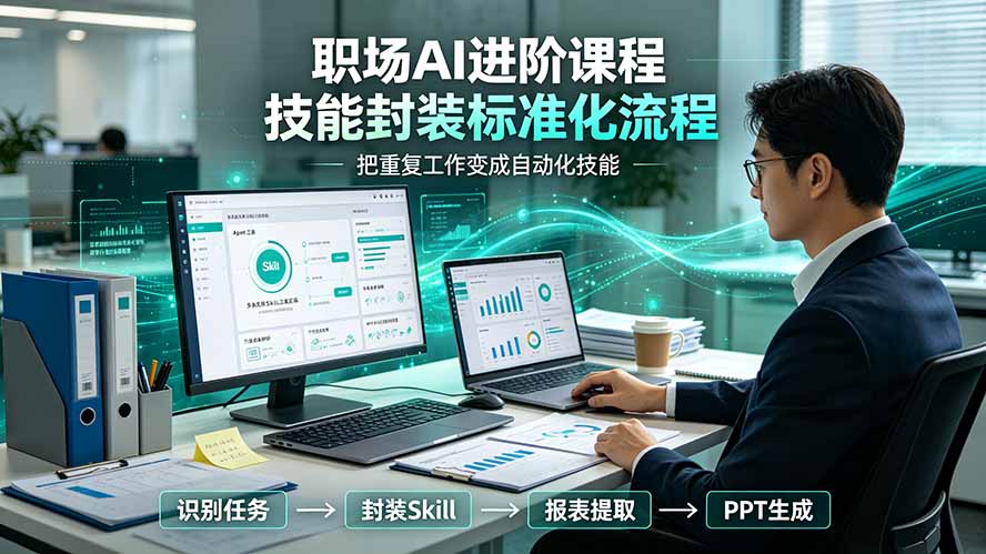 职场AI进阶课程；多类实用Skill工具实操，专属技能封装标准化流程，报表行业报告一键提取核心内容|副业联盟