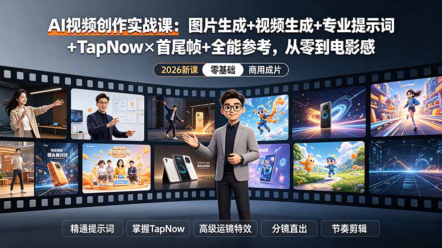 AI视频创作实战课：图片生成+视频生成+专业提示词+TapNow×首尾帧+全能参考，从零到电影感成片|副业联盟