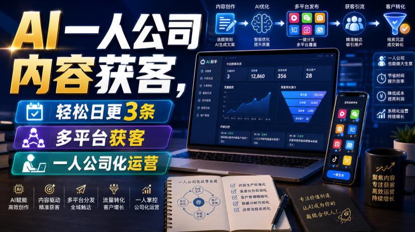 AI一人公司内容获客,轻松日更3条,多平台获客,一人公司化运营|副业联盟