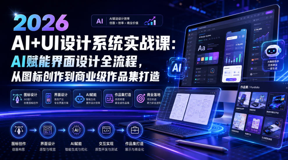 2026 AI+UI设计系统实战课：AI赋能界面设计全流程，从图标创作到商业级作品集打造 - 副业联盟|副业联盟