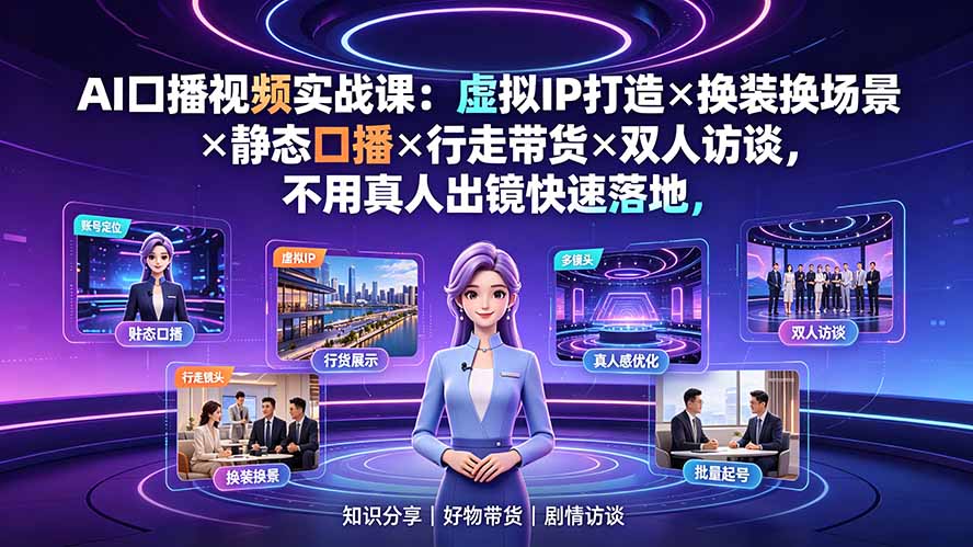 AI口播视频实战课：虚拟IP打造×换装换场景×静态口播×行走带货×双人访谈，不用真人出镜快速落地|副业联盟