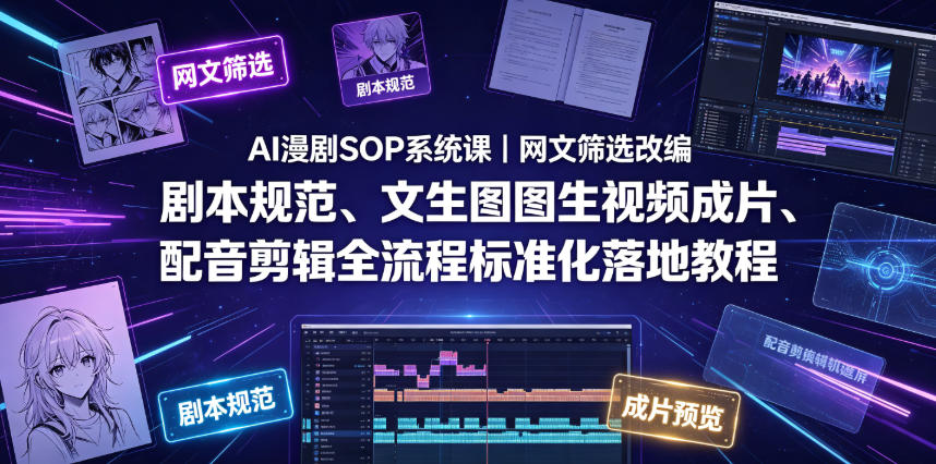 AI漫剧SOP系统课|网文筛选改编、剧本规范、文生图图生视频成片、配音剪辑全流程标准化落地教程(更新)