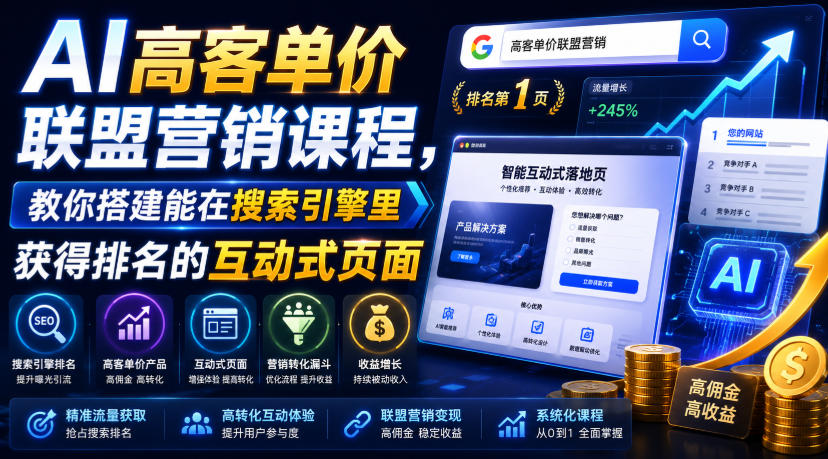 AI高客单价联盟营销课程,教你搭建能在搜索引擎里获得排名的互动式页面,引来流量,把访客转化为高佣金的成交【原创双语字幕】|副业联盟