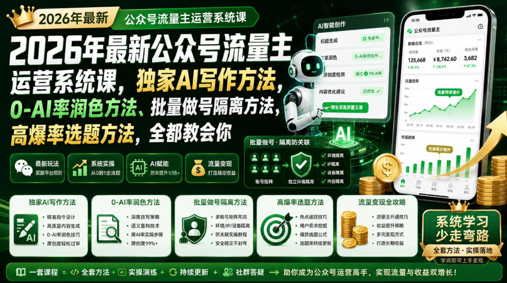 2026年最新公众号流量主运营系统课,独家AI写作方法,0-AI率润色方法、批量做号隔离方法、高爆率选题方法,全都教会你|副业联盟
