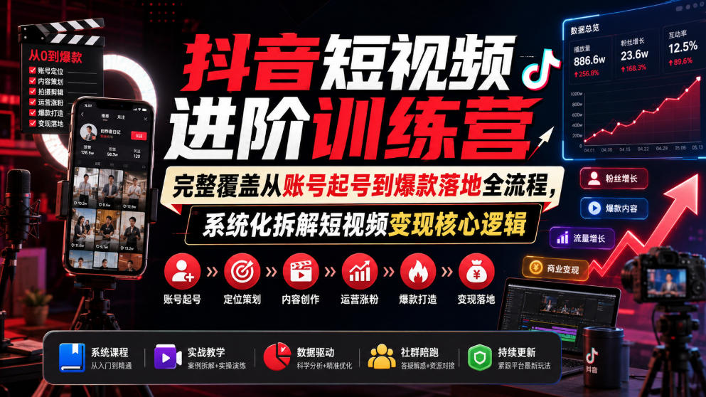 抖音短视频进阶训练营,完整覆盖从账号起号到爆款落地全流程,系统化拆解短视频变现核心逻辑|副业联盟