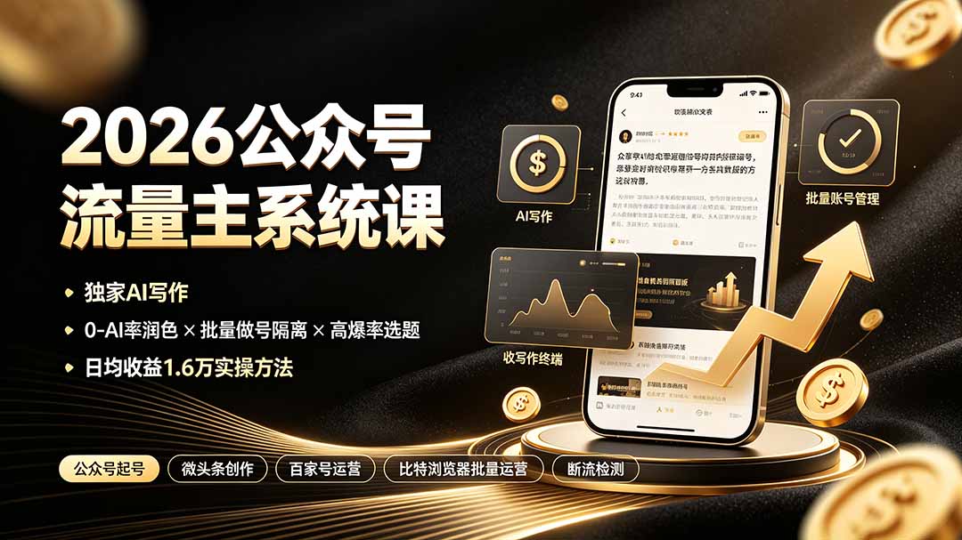 2026公众号流量主系统课:独家AI写作×0-AI率润色×批量做号隔离×高爆率选题,日均收益1.6万实操方法|副业联盟