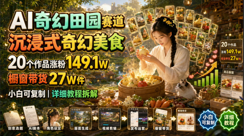 AI奇幻田园赛道,沉浸式奇幻美食,20个作品涨粉149.1W,橱窗带货27W件,小白可复制,详细教程拆解|副业联盟
