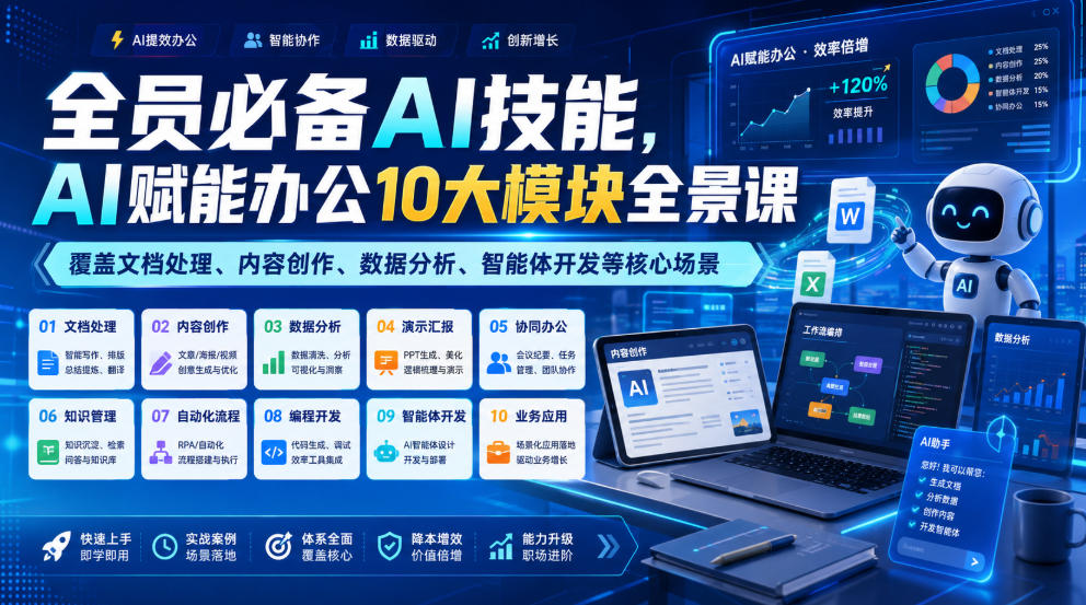 全员必备AI技能,AI赋能办公10大模块全景课,覆盖文档处理、内容创作、数据分析、智能体开发等核心场景|副业联盟