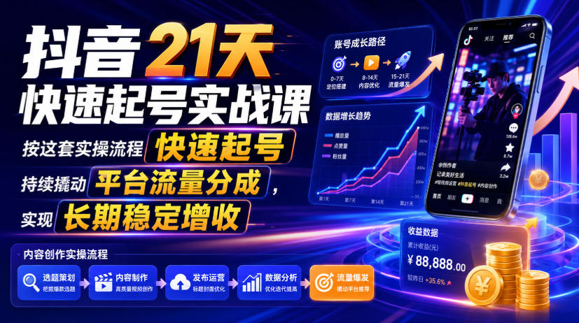 抖音21天快速起号实战课,按这套实操流程快速起号,持续撬动平台流量分成,实现长期稳定增收|副业联盟