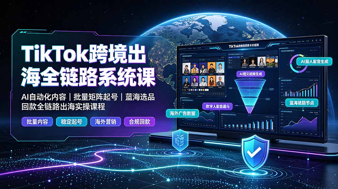 TikTok跨境出海全链路系统课-2026年7月：AI自动化内容｜批量矩阵起号｜蓝海选品回款全链路出海实操课程|副业联盟
