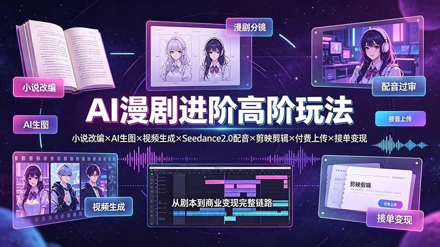 AI漫剧进阶高阶玩法:小说改编×AI生图×视频生成×Seedance2.0配音×剪映剪辑×付费上传×接单变现|副业联盟