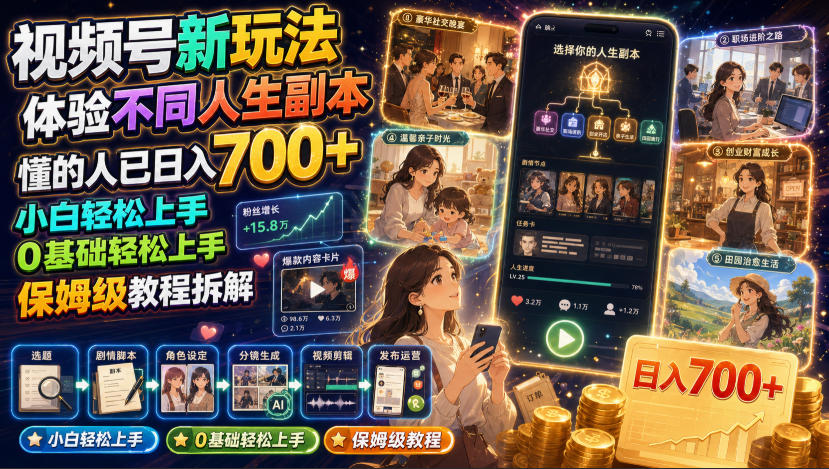 视频号新玩法体验不同人生副本,懂的人已日入700+,小白轻松上手,0基础轻松上手,保姆级教程拆解|副业联盟