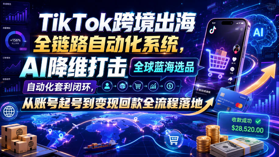 TikTok跨境出海全链路自动化系统,AI降维打击全球蓝海选品自动化套利闭环,从账号起号到变现回款全流程落地(2026年7月)|副业联盟