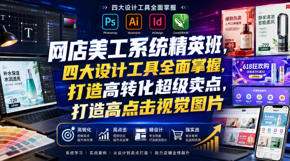 网店美工系统精英班,四大设计工具全面掌握,打造高转化超级卖点,打造高点击视觉图片(2026年7月)
