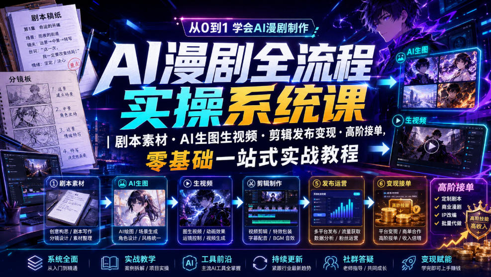 AI漫剧全流程实操系统课|剧本素材・AI生图生视频・剪辑发布变现・高阶接单,零基础一站式实战教程|副业联盟