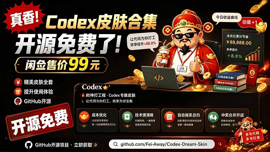 闲鱼售卖99元的Codex皮肤包,GitHub 免费开源了!让你的codex变成精美界面 Codex Dream Skin|副业联盟