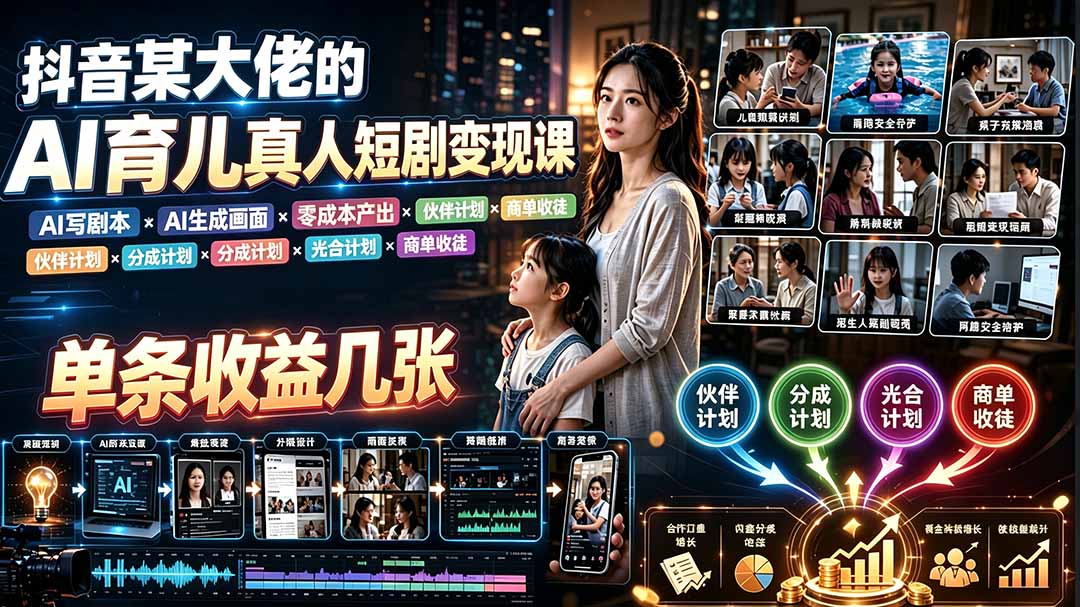 AI育儿真人短剧变现课:AI写剧本×AI生成画面×零成本产出×伙伴计划×分成计划×光合计划×商单收徒|副业联盟