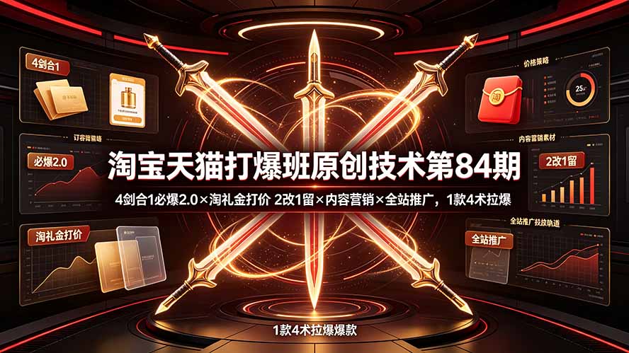 淘宝天猫打爆班原创技术第84期:4剑合1必爆2.0×淘礼金打价×2改1留×内容营销×全站推广,1款4术拉爆|副业联盟