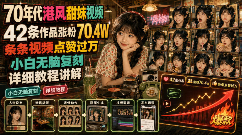 70年代港风甜妹视频,42条作品涨粉70.4W,条条视频点赞过万,小白无脑复刻,详细教程讲解|副业联盟