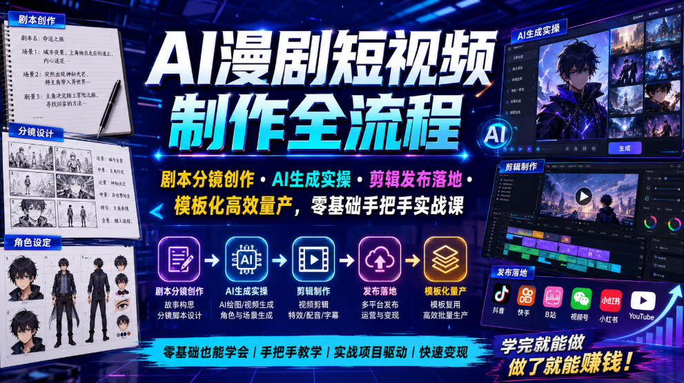 AI漫剧短视频制作全流程|剧本分镜创作・AI生成实操・剪辑发布落地・模板化高效量产,零基础手把手实战课|副业联盟