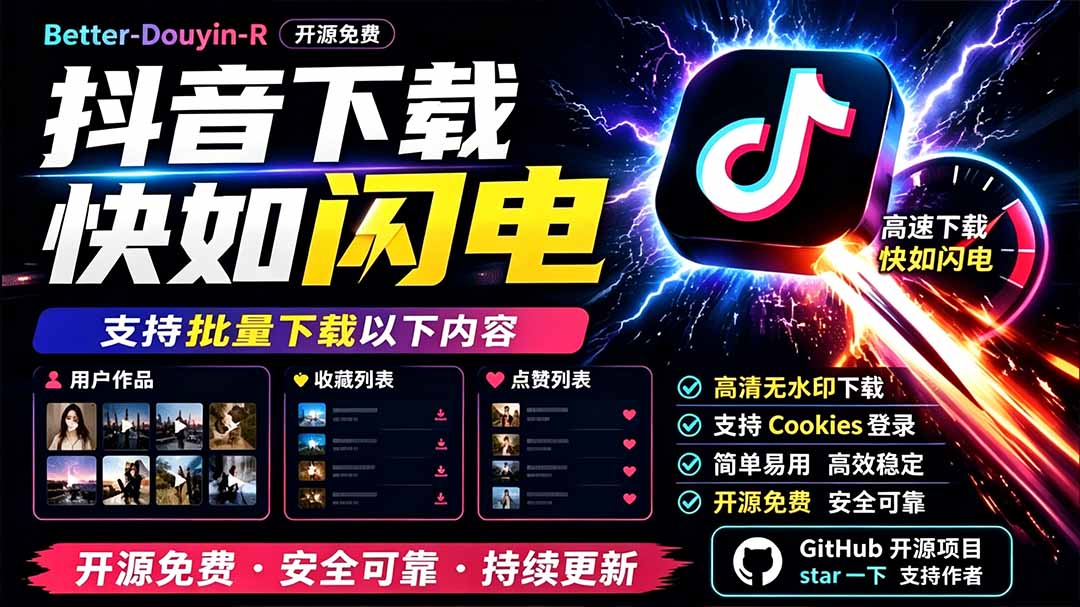 别再乱找了!D音下载快如闪电,支持批量下载用户作品收藏列表和点赞列表,开源免费 Better-douyin-R|副业联盟