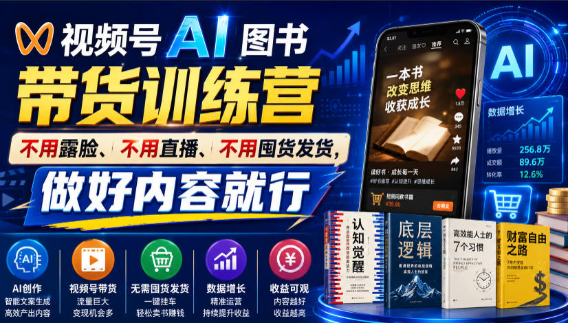 视频号AI图书带货训练营,不用露脸、不用直播、不用囤货发货,做好内容就行,一条爆款视频佣金8942|副业联盟