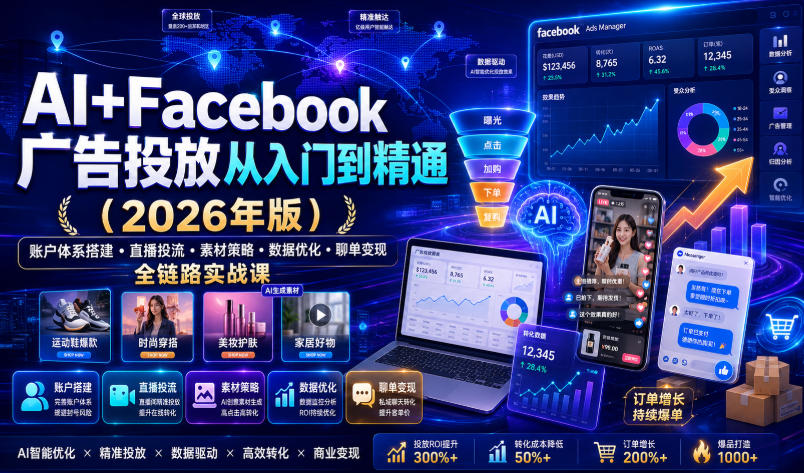 AI+Facebook广告投放从入门到精通(2026年版)|账户体系搭建・直播投流・素材策略・数据优化・聊单变现全链路实战课|副业联盟