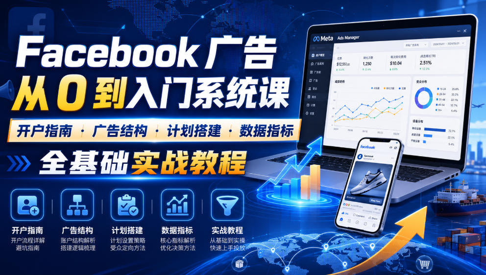 Facebook广告新手从0到入门系统课|开户指南・广告结构・计划搭建・数据指标全基础实战教程|副业联盟