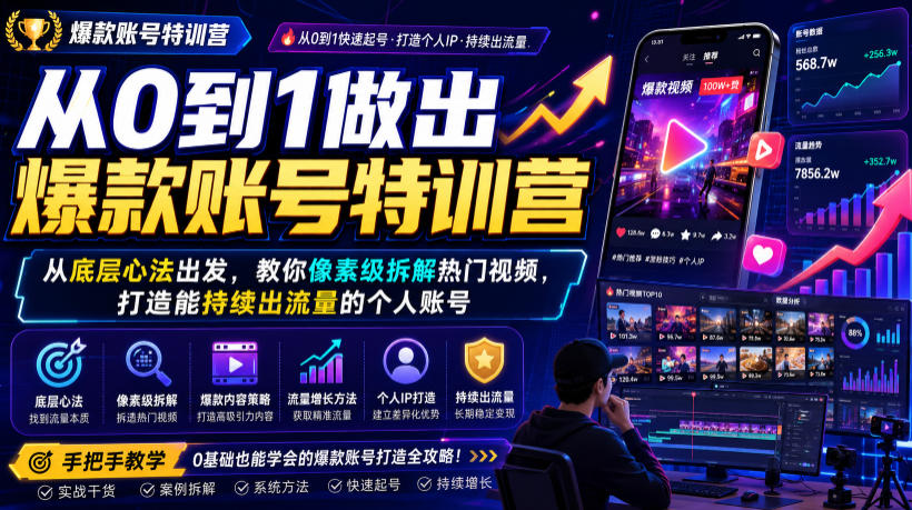 从0到1做出爆款账号特训营,从底层心法出发,教你像素级拆解热门视频,打造能持续出流量的个人账号|副业联盟