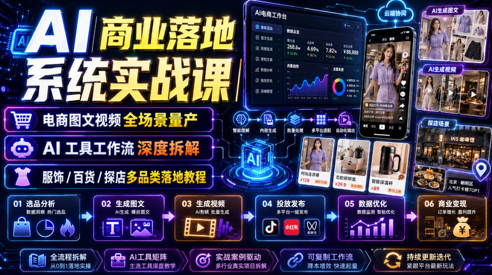 AI商业落地系统实战课|电商图文视频全场景量产・AI工具工作流深度拆解・服饰/百货/探店多品类落地教程|副业联盟